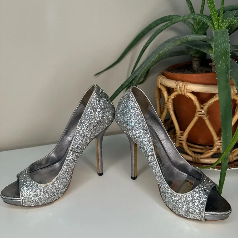 ✨ Miu Miu Silver Glitter Peep-Toe Heels 36.5 (US 6.5) Designer Party Shoes Italy - Picture 3 of 13